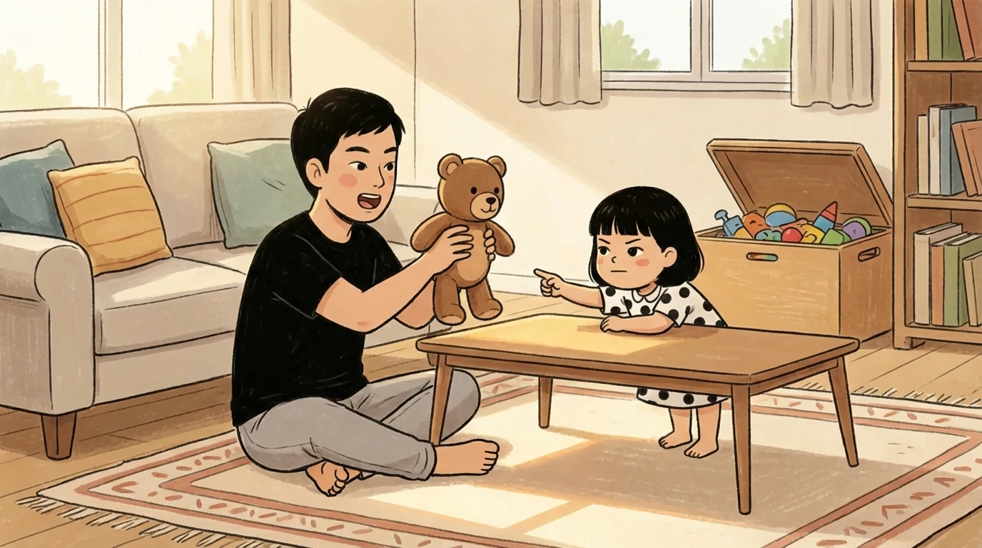 Father sits on the floor with his toddler daughter playing with a teddy bear