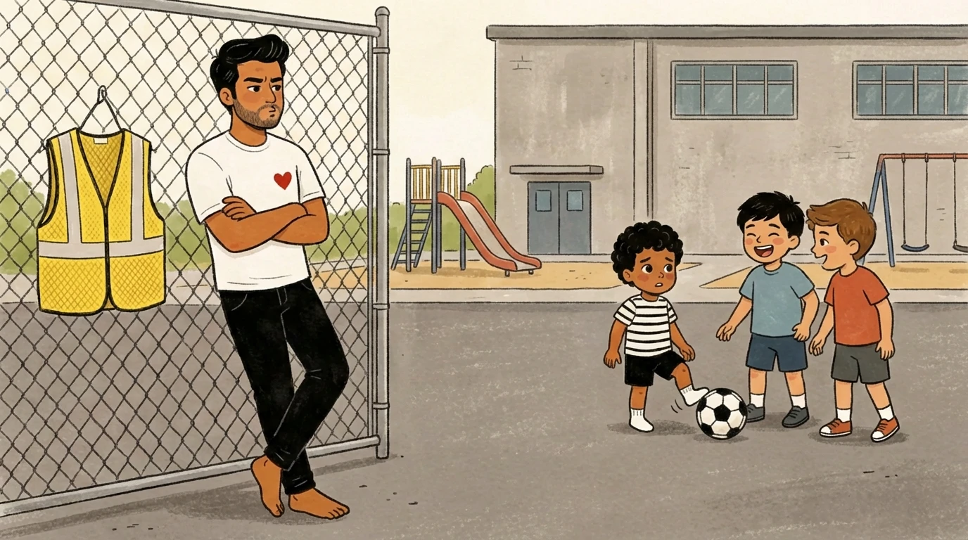 Adult man watches from a fence as three boys kick a soccer ball - support for a shy child making friends