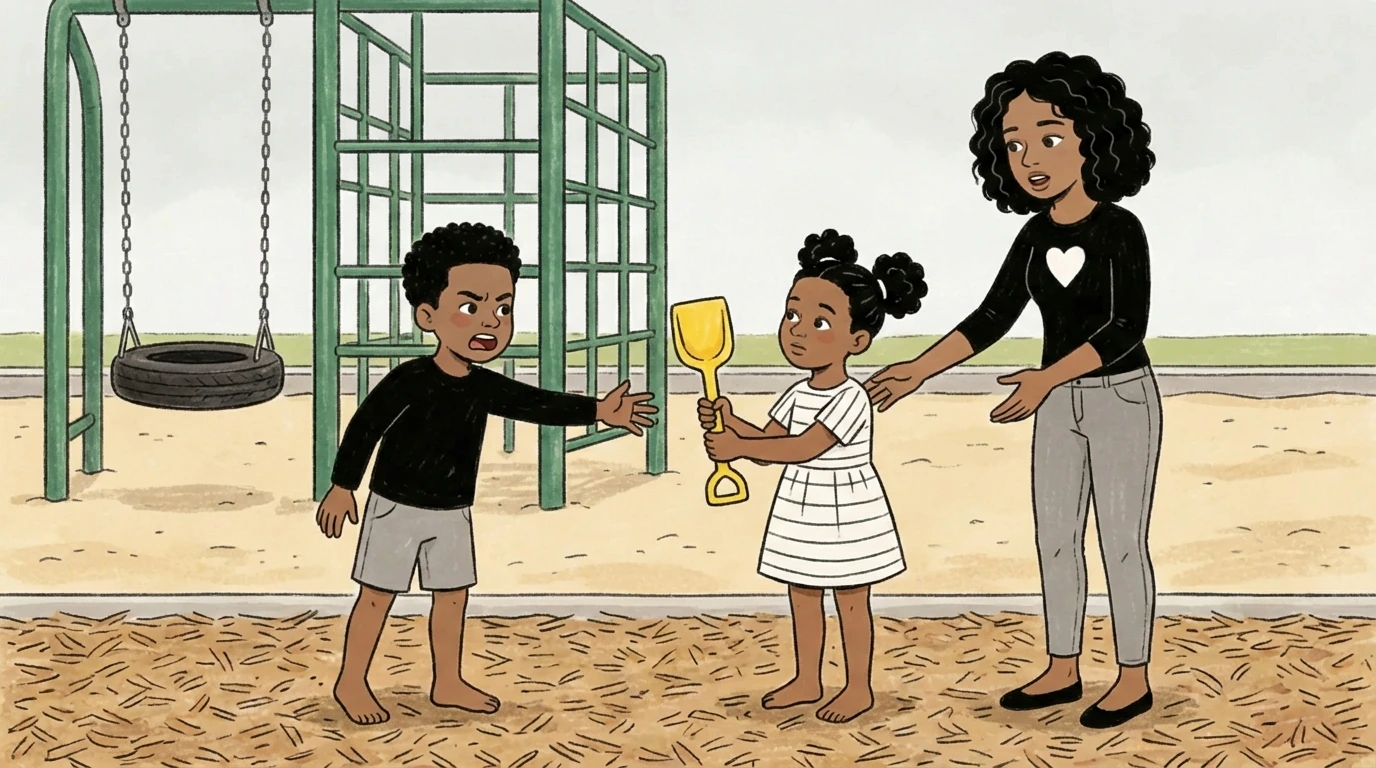 Adult kneeling at playground as two children negotiate over a yellow toy shovel - assertiveness skills scene.