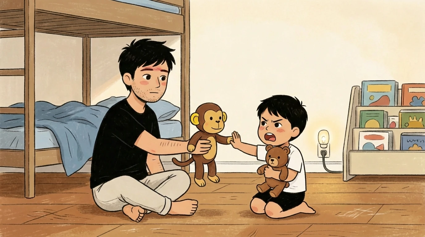 Father sitting on bedroom floor holding toy monkey while young child pushes hand away and clutches bear.