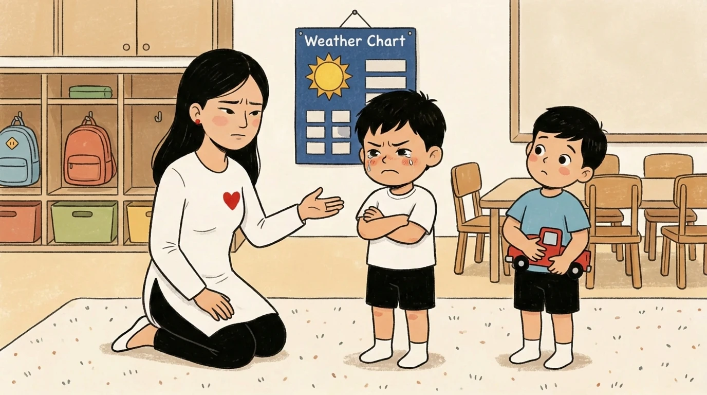 Adult kneeling at child's eye level in classroom while two boys stand nearby after a toy dispute.