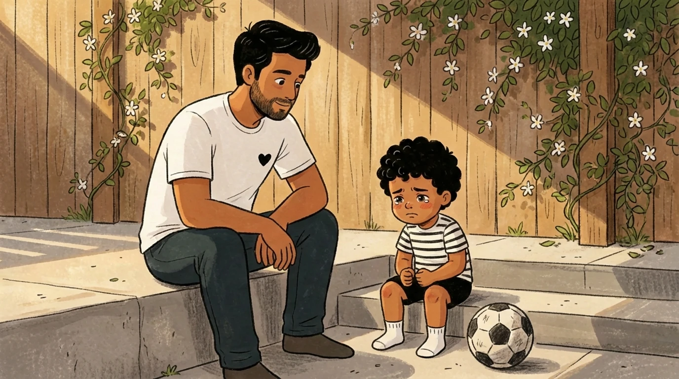 Father and young child sitting on outdoor steps together with a soccer ball between them.