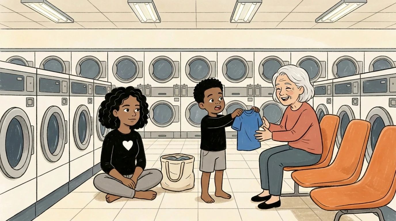 Two children help an elderly woman with laundry at a laundromat, illustrating kids learning to care for others