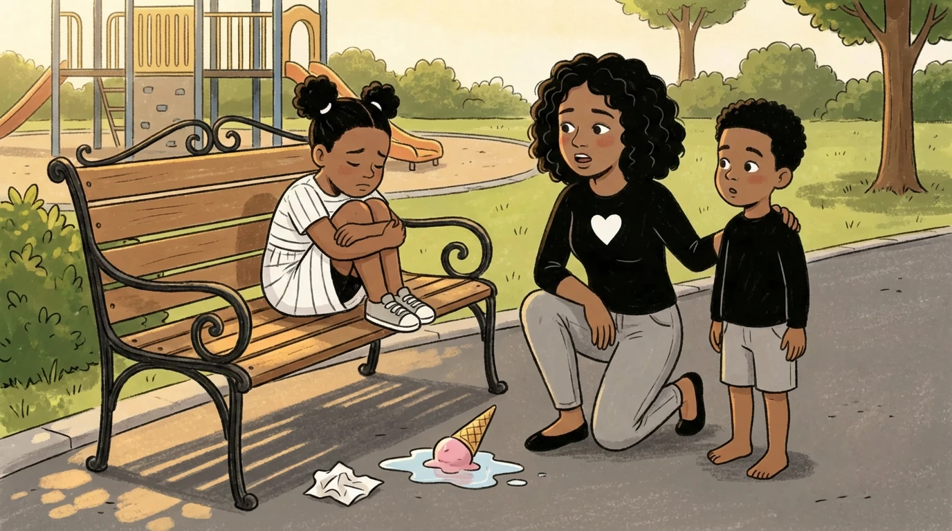 Mother kneels beside young boy at park bench where a child sits with a dropped ice cream cone