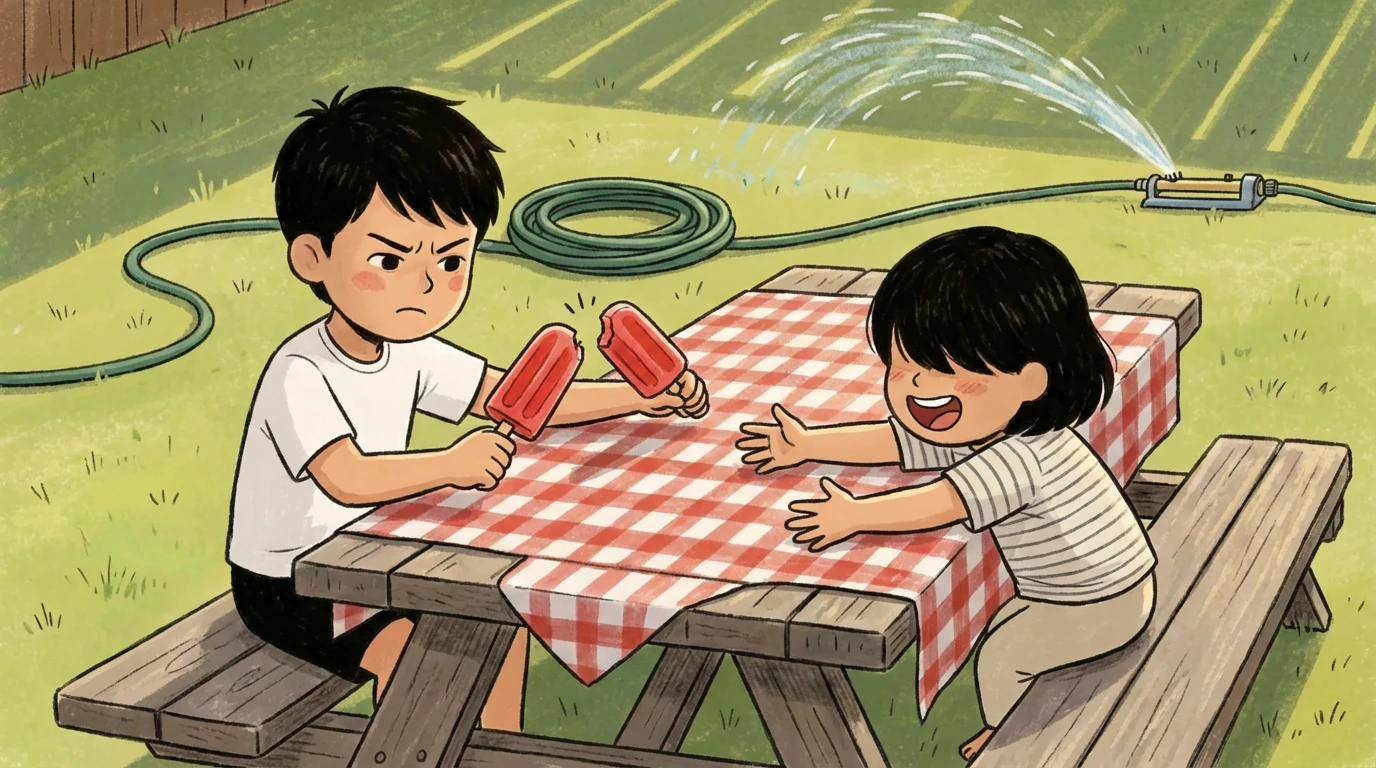 Two siblings argue over a popsicle at a picnic table in the backyard