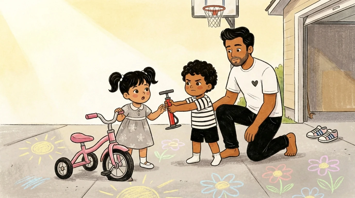 Father kneels on driveway helping toddler with pink bike while older child hands him a tool