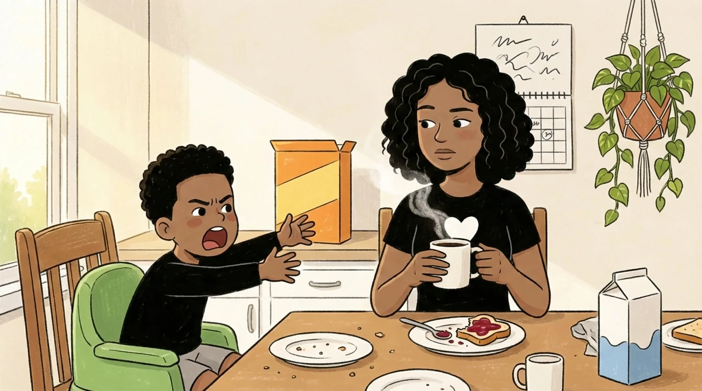 Young child at breakfast table reaching toward parent with coffee mug