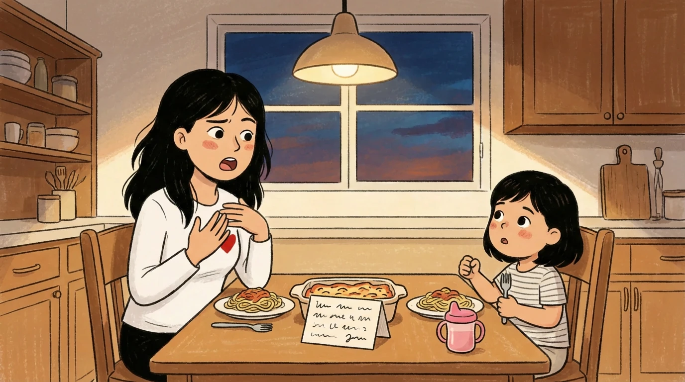 Mother and daughter at dinner table at dusk with a handwritten note, modeling polite mealtime manners