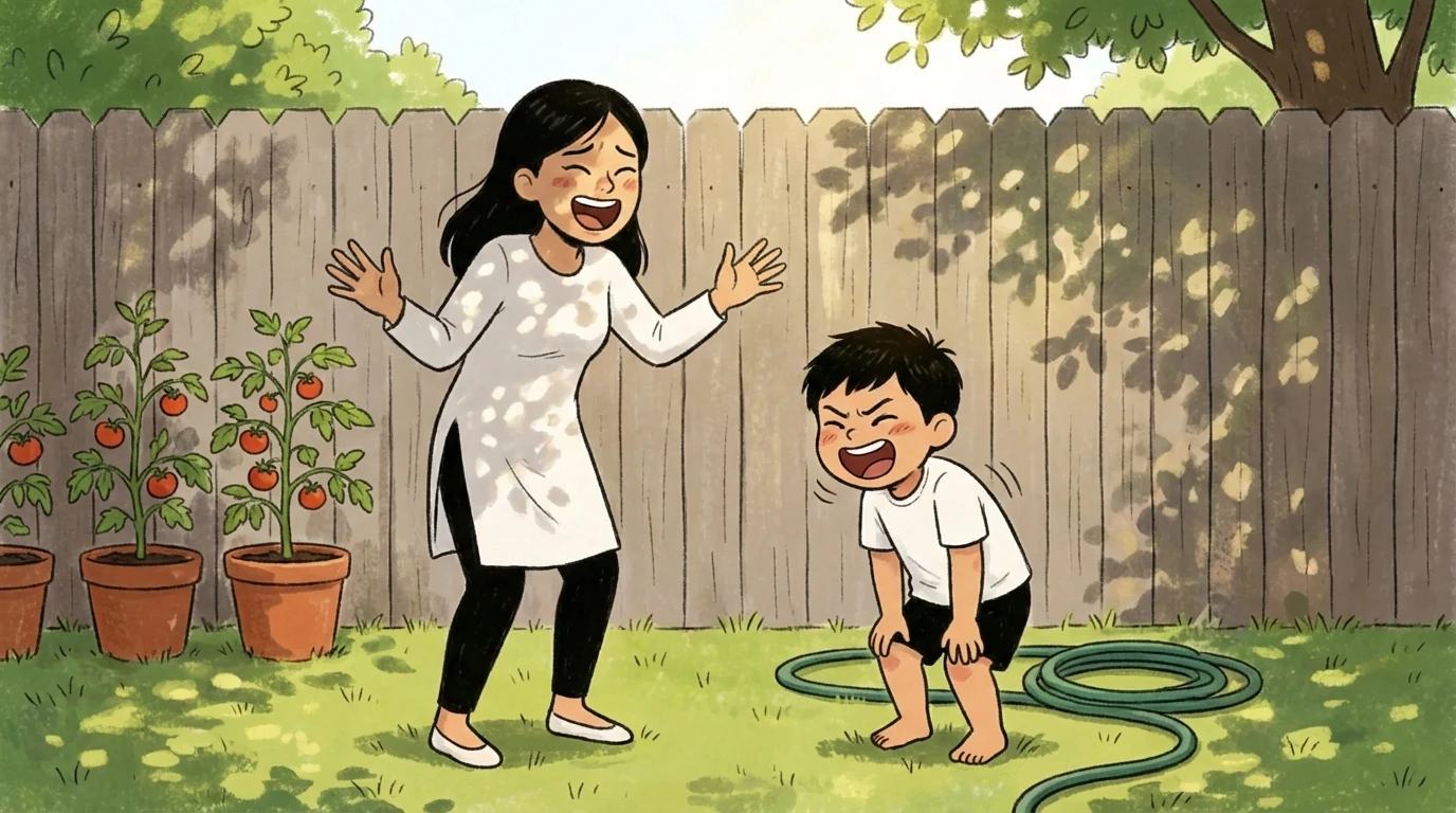 Mother and son laughing together in a sunny backyard garden, showing how thank-you moments arise naturally