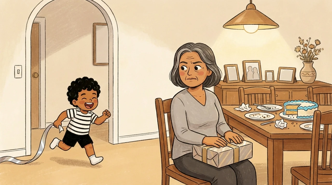 Child running toward a grandmother seated at a table with a wrapped gift, a natural moment to say thank you