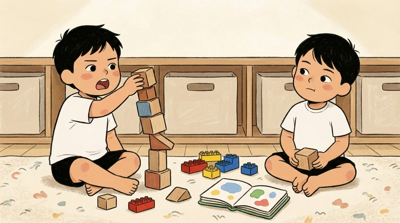 Two toddlers sit on a playroom floor with wooden blocks and toy bricks each focused on their own play without interacting.