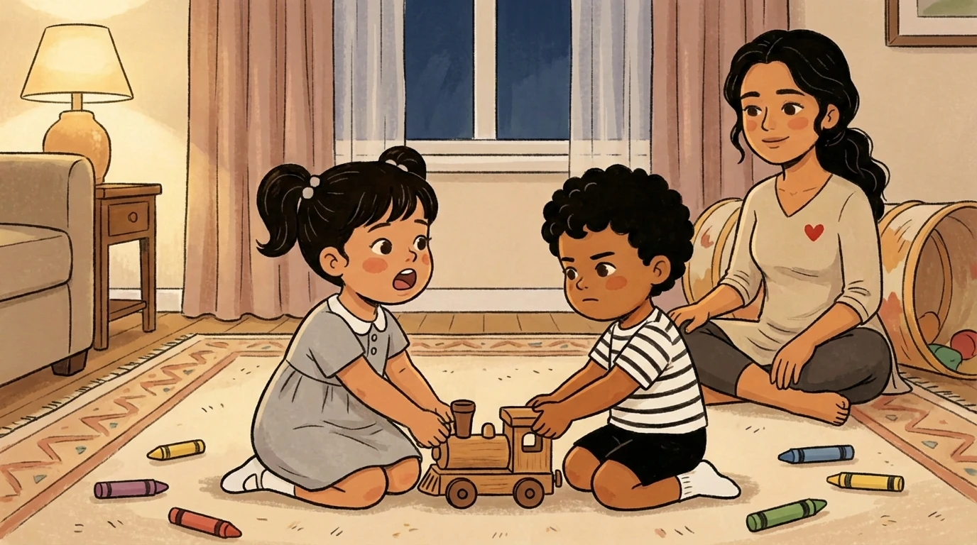 A parent sits on the floor watching two toddlers play side by side with a wooden toy train and scattered crayons indoors.