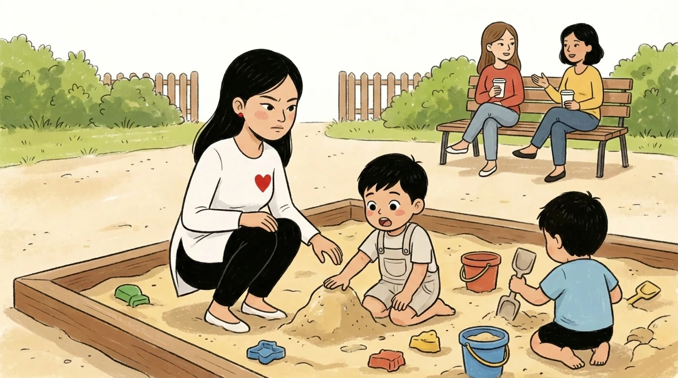 A parent crouches beside a sandbox as two toddlers dig in the sand while other caregivers chat on a bench nearby.