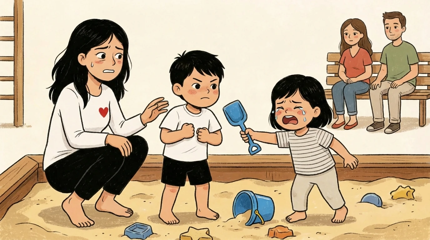 Mother crouching beside two toddlers in a sandbox as one grabs a toy from the other and parents watch from a bench.