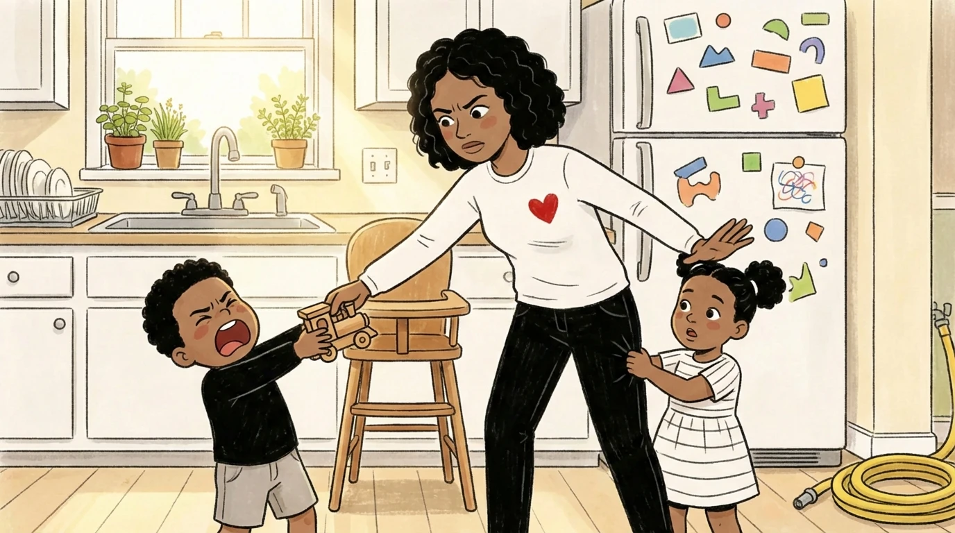 Parent intervening as two siblings grip a wooden toy - why you shouldn't force sharing but guide it instead.