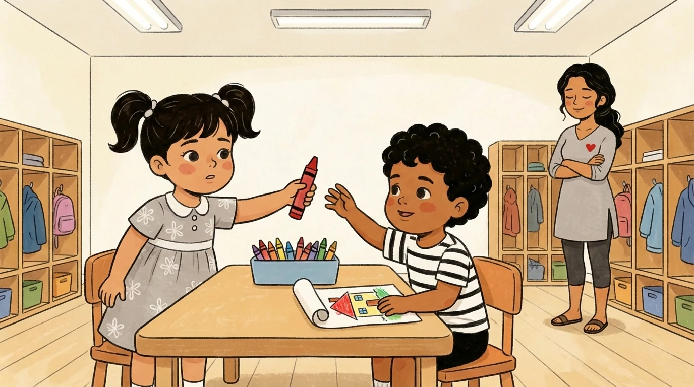 child offering a crayon to a boy at a classroom art table - teaching turn-taking with an adult observing nearby.