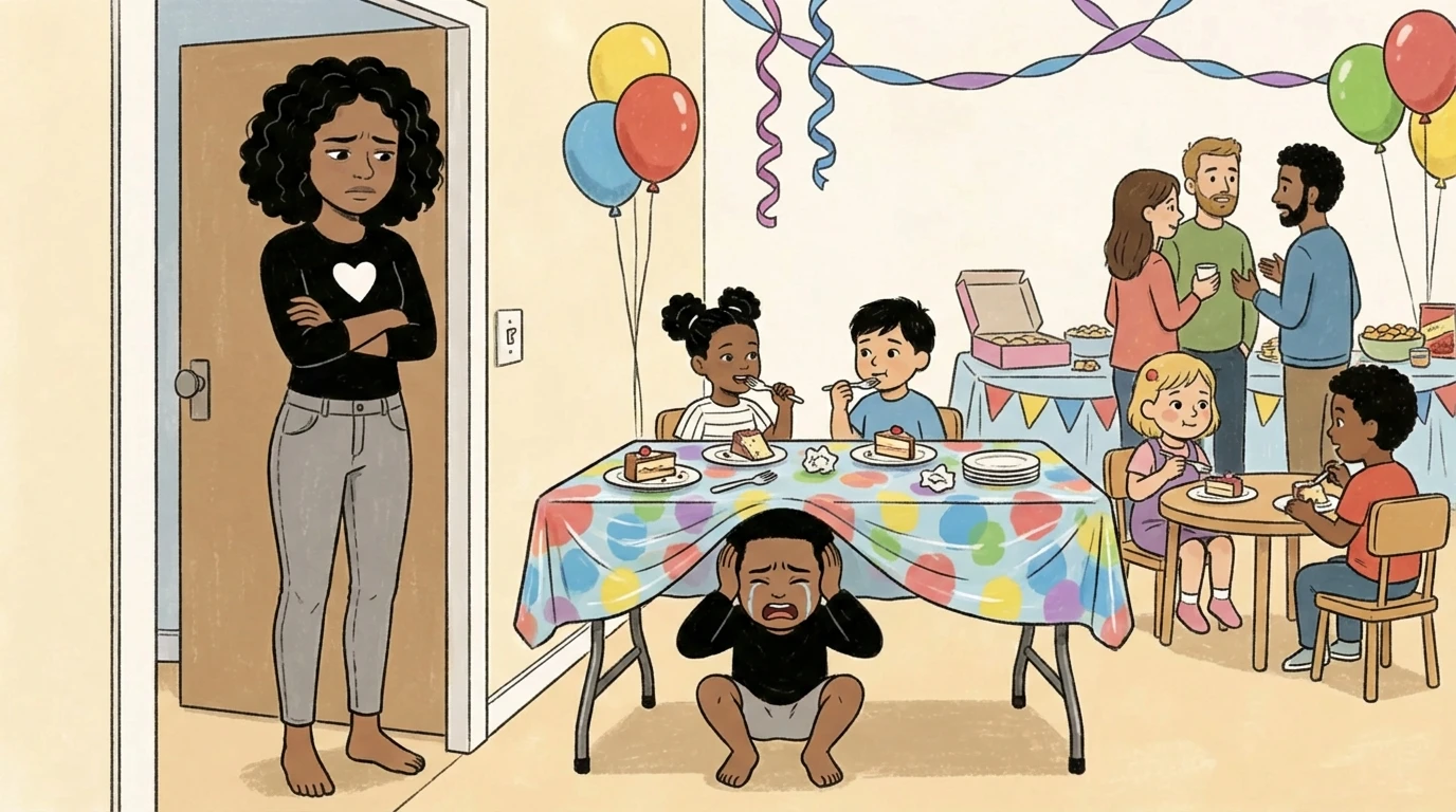 Toddler crouching under a party table while children eat nearby, a behavior that might signal sensory overload