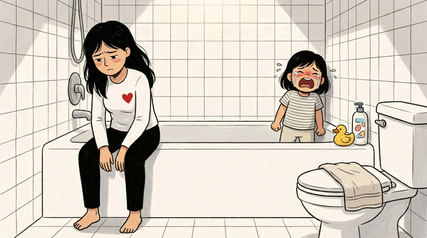 Mother sitting on the edge of a bathtub as a young child stands inside crying with a rubber duck nearby