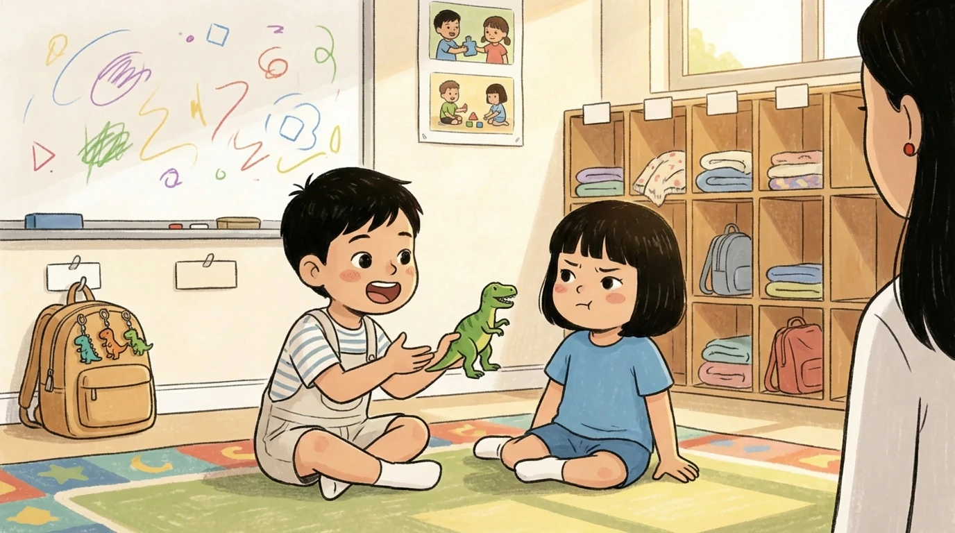 Two children on a classroom rug; one holds a toy dinosaur and talks animatedly while a teacher observes