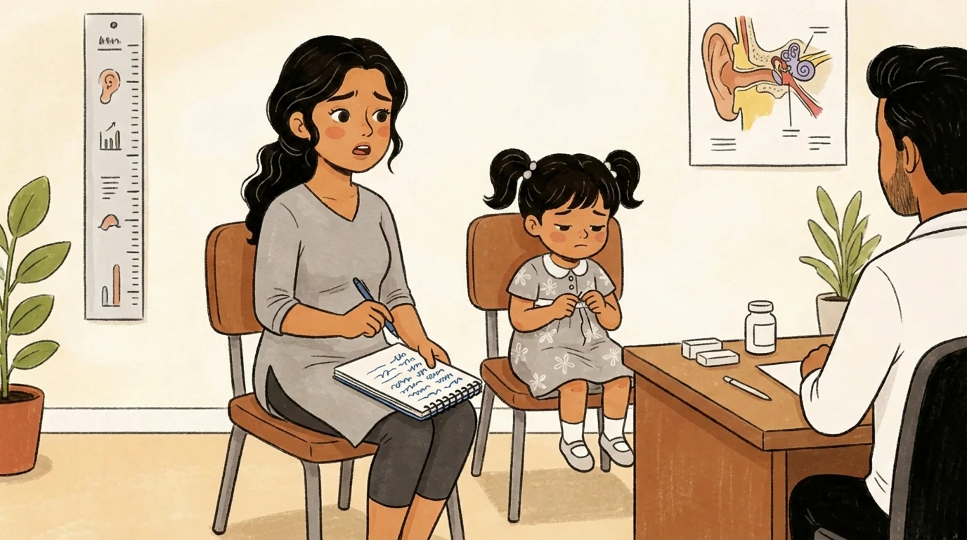 Mother with a notebook and child seated across from a doctor at a desk, ear anatomy chart on the wall