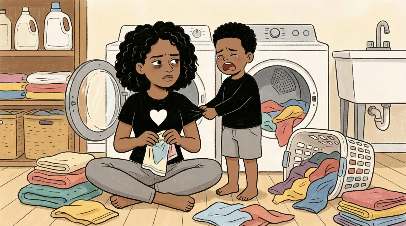 Parent on laundry room floor folding clothes while child tugs her sleeve seeking connection