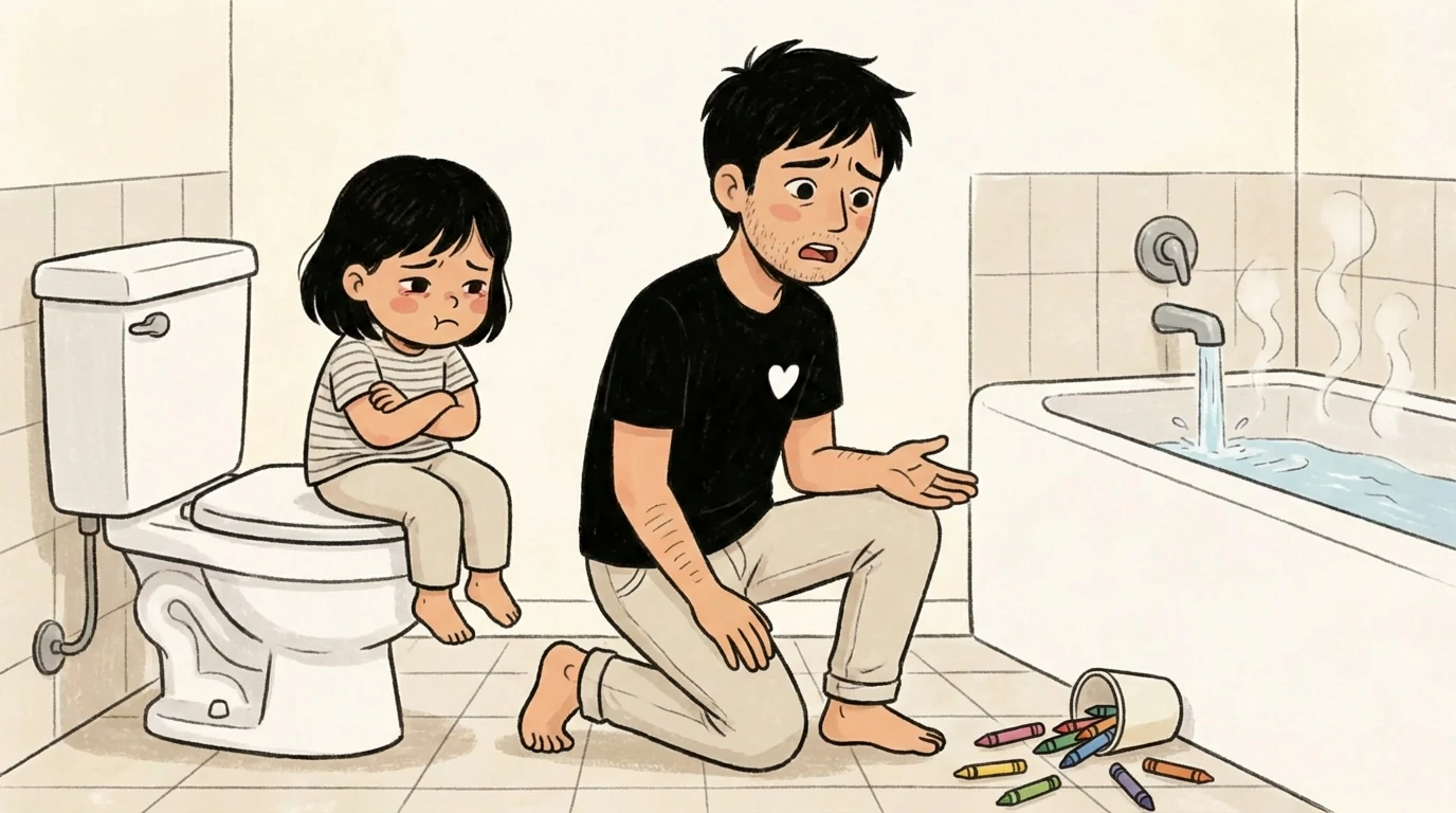 Father kneeling in bathroom facing young child sitting on toilet lid with crayons spilled on floor
