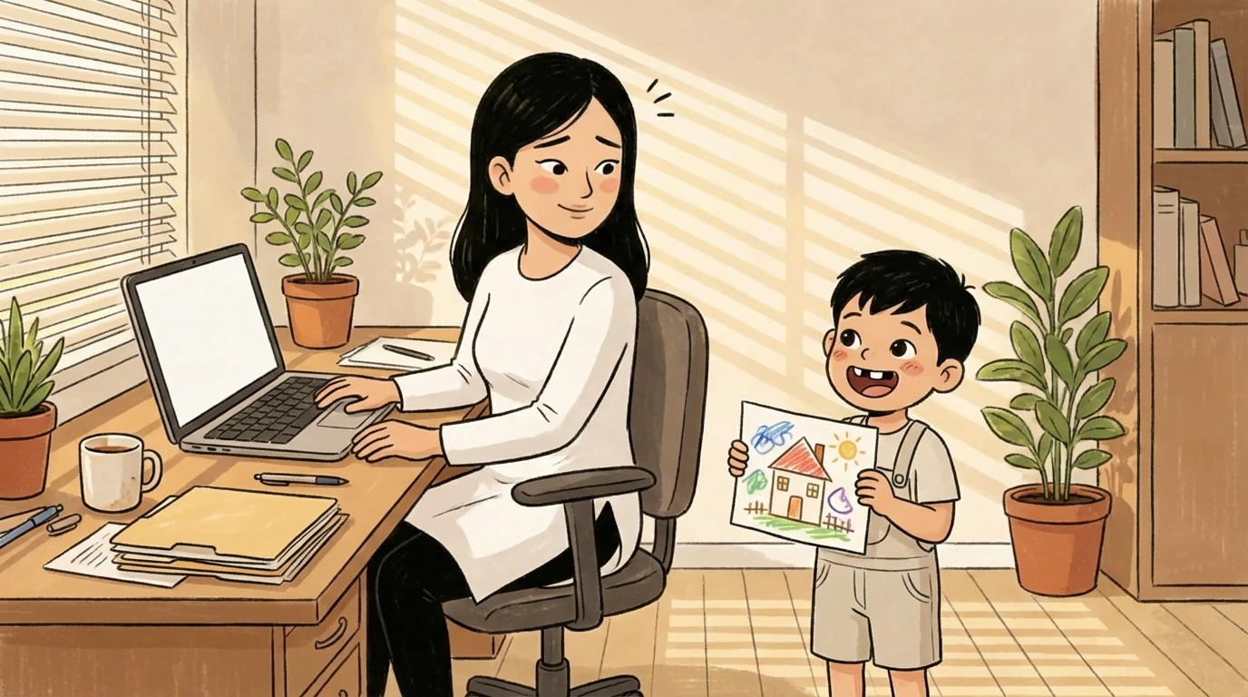 Parent at desk working on laptop while toddler holds up a drawing to get attention