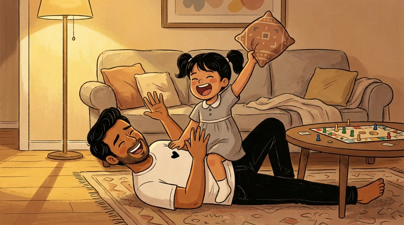 Father lying on living room floor playing with young child who raises arms with joy