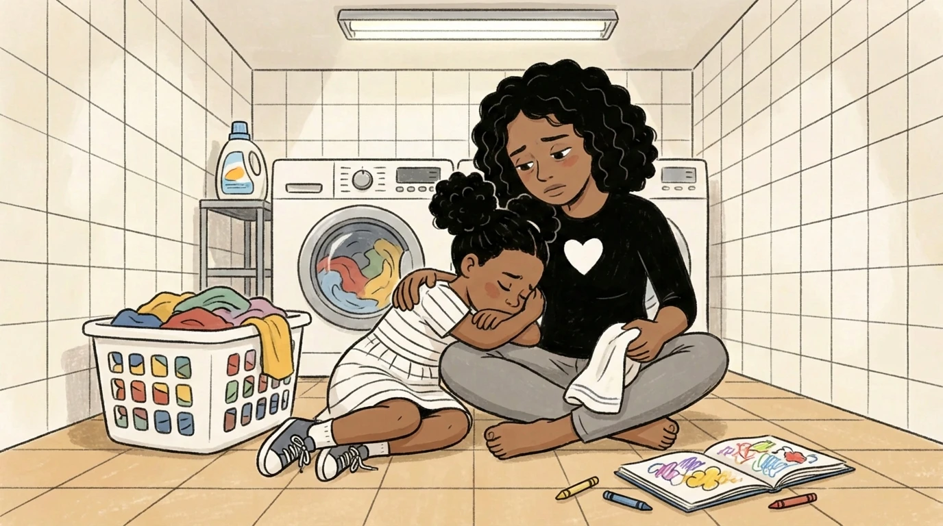 Mother sitting on laundry room floor holding a child close - crayons nearby in a genuine moment of connection