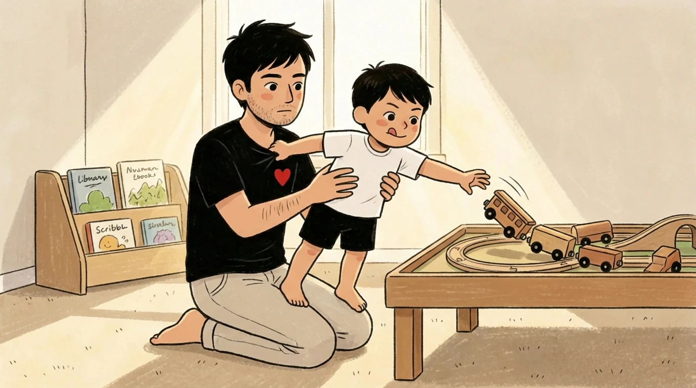 Father kneeling beside toddler reaching toward wooden train set to play - books on a low shelf behind them