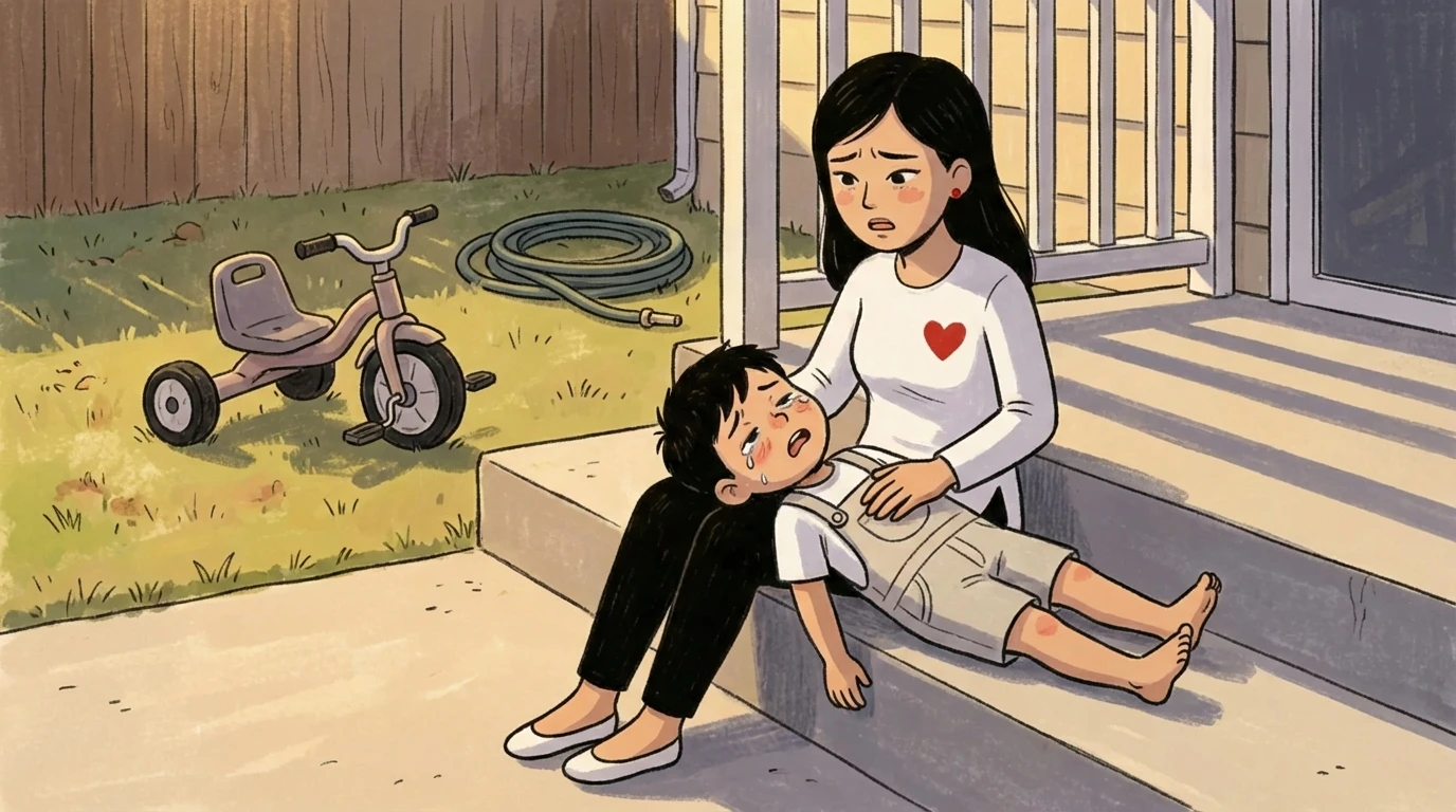 Parent and child sitting on porch steps together, tricycle in yard, child leaning in with clinginess
