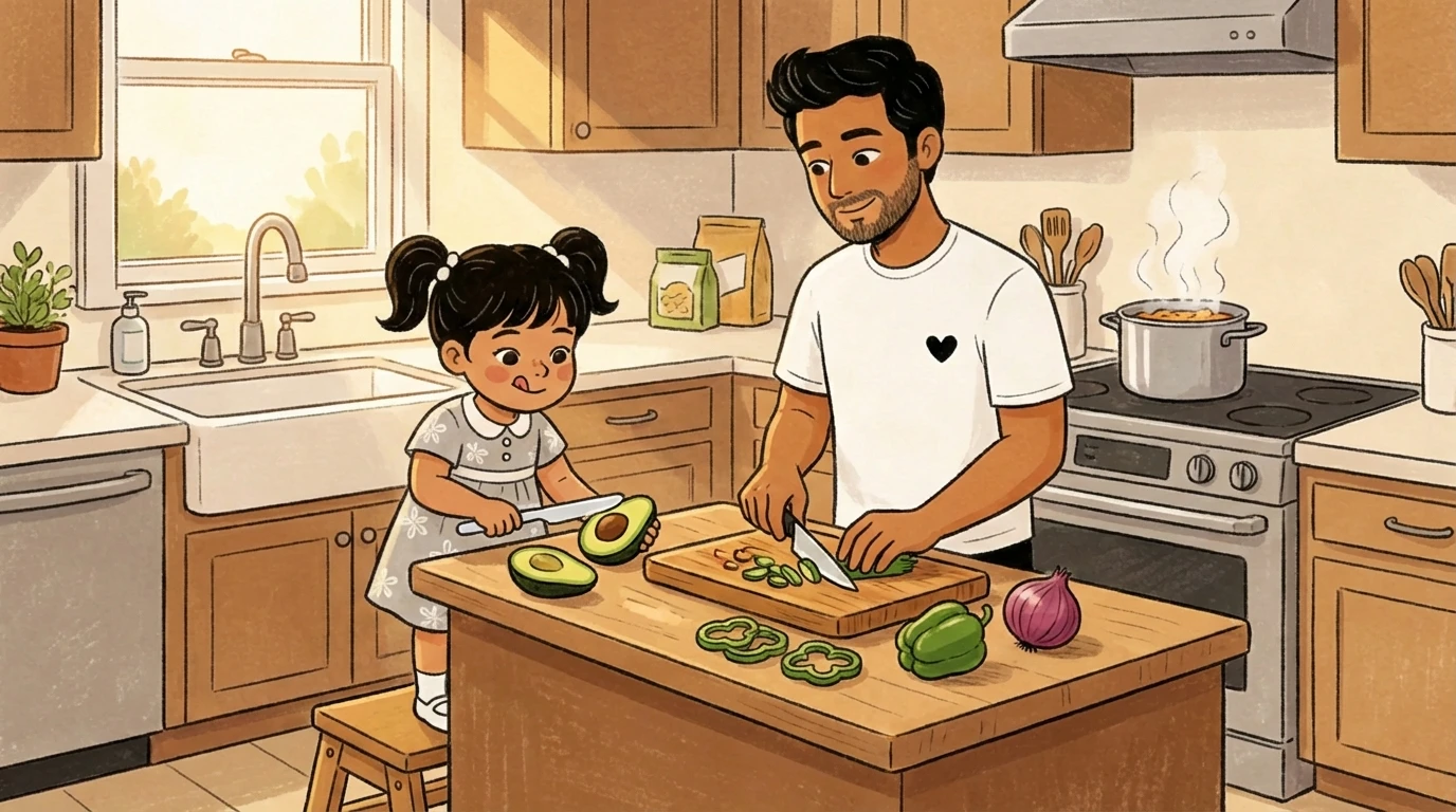 Father and young daughter at a kitchen island chopping vegetables together - pot steaming on stove behind