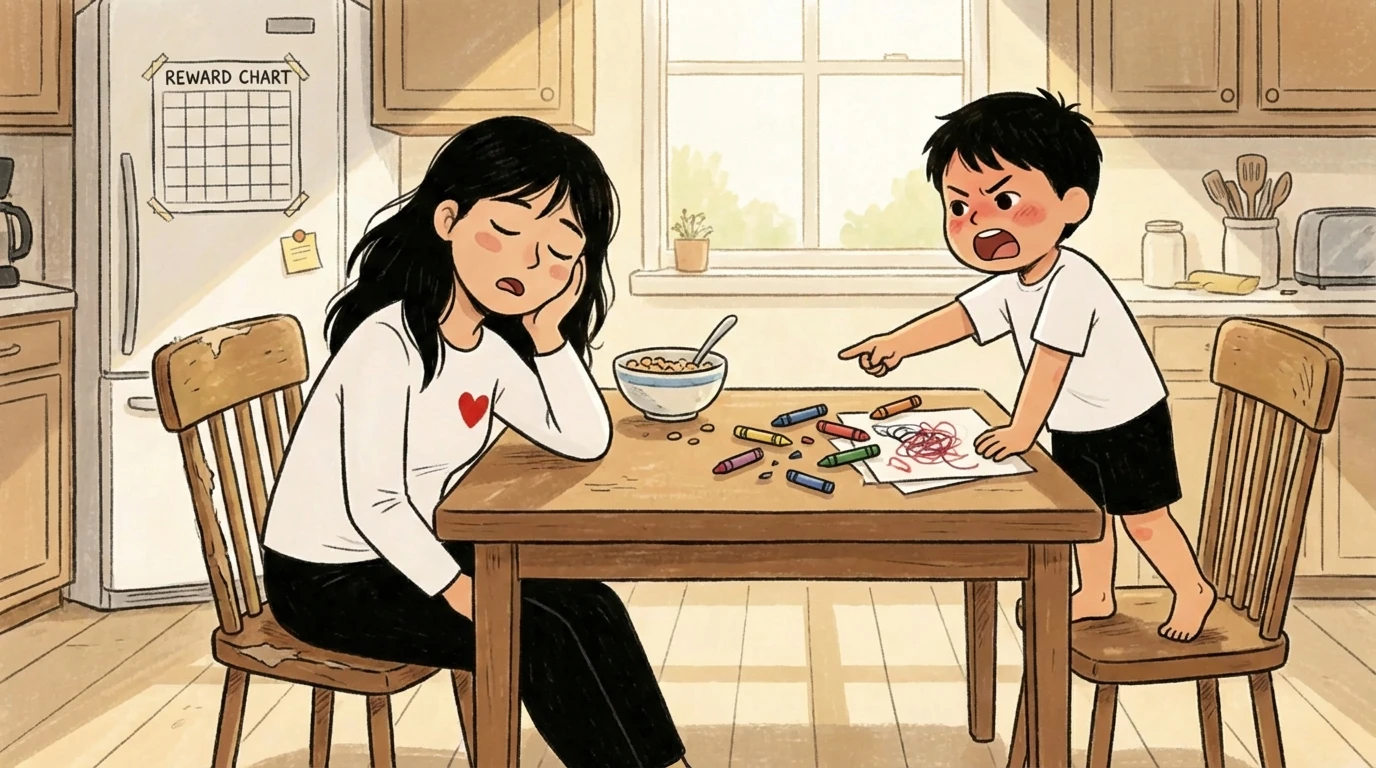 Parent sits at kitchen table with a reward chart on the wall while a child points and reacts during a discipline moment