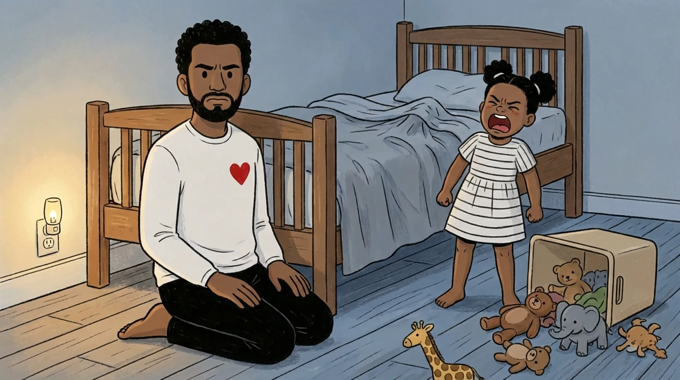 Parent kneeling on floor facing a toddler mid-meltdown with toys scattered around in a child's bedroom