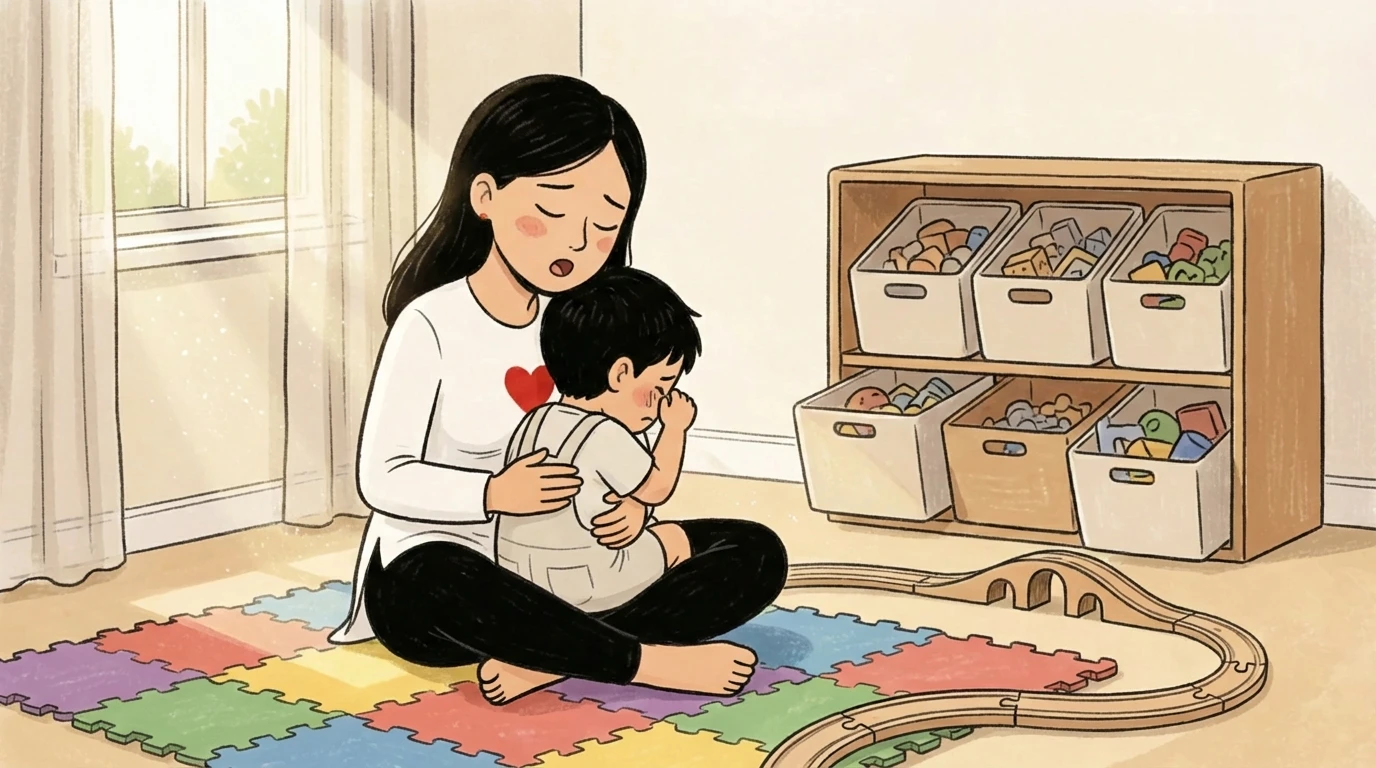 Parent sitting cross-legged on a play mat holding a child close while toy bins line the wall behind them