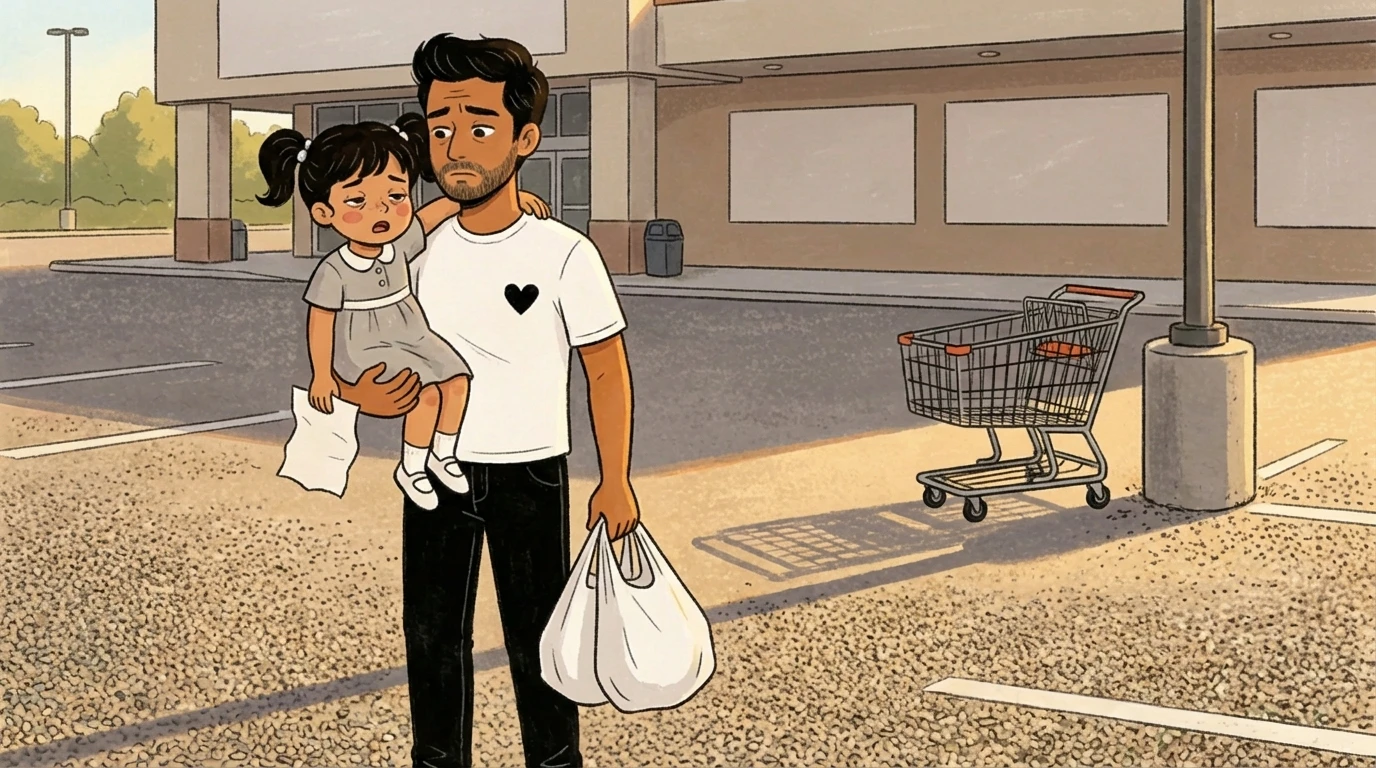 Parent carrying a young child while holding shopping bags outside a store with an empty cart nearby