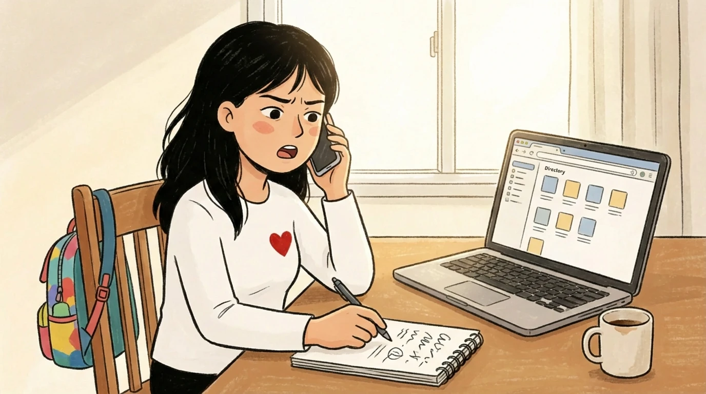 Parent on phone taking notes beside laptop showing specialist directory for differently wired child