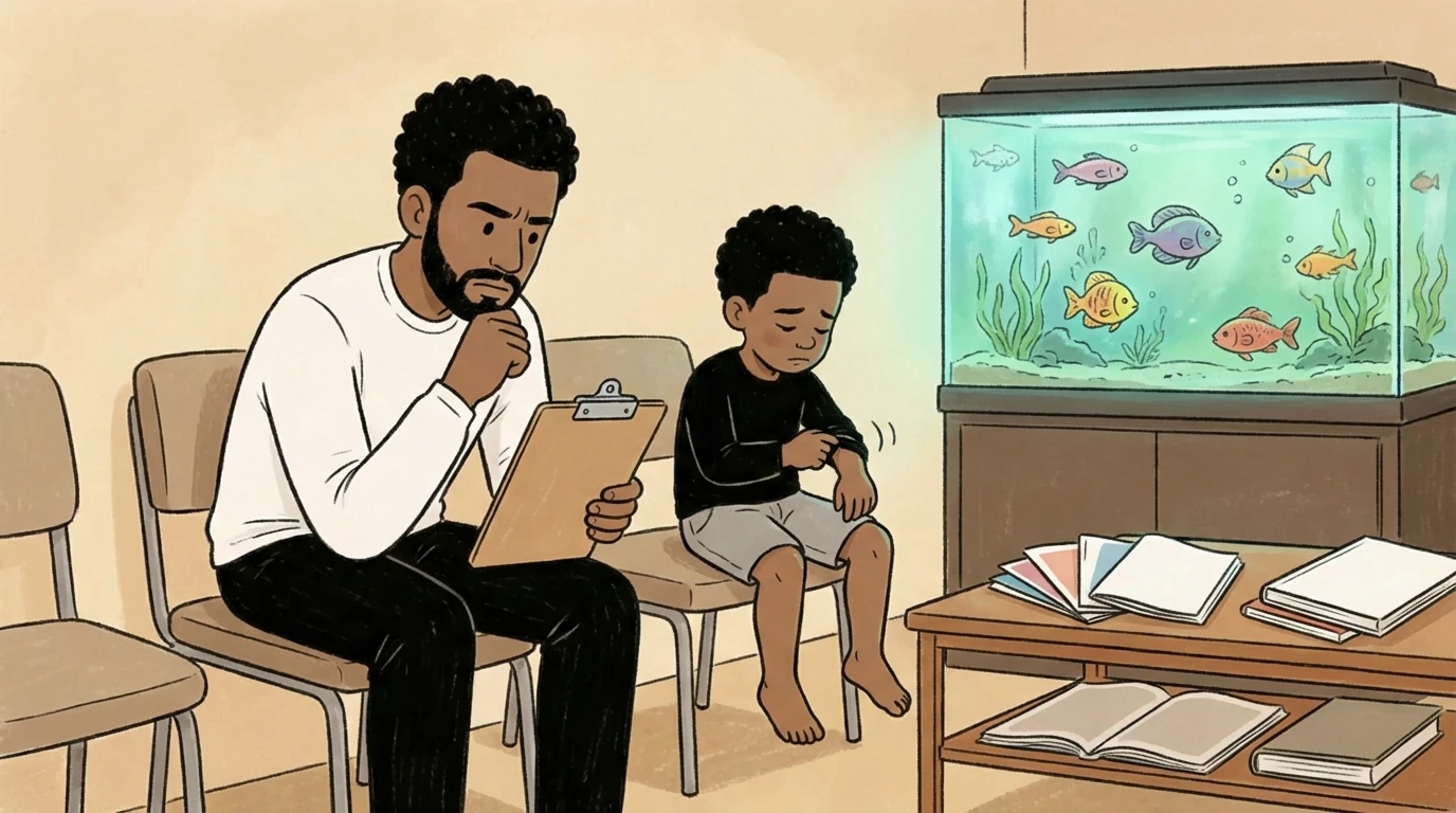 Father and young child sitting in a specialist waiting room while paperwork is reviewed at intake