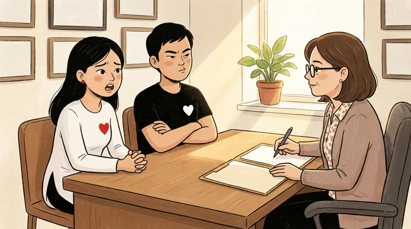Two parents meeting with a child specialist across a desk in a sunlit office consultation