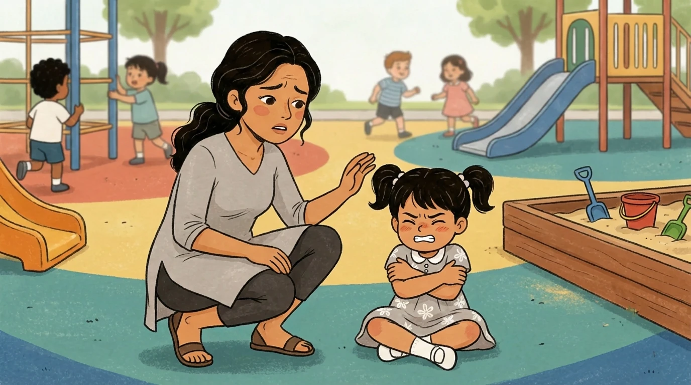 Adult crouching to speak with a distressed child at a playground while other kids play nearby