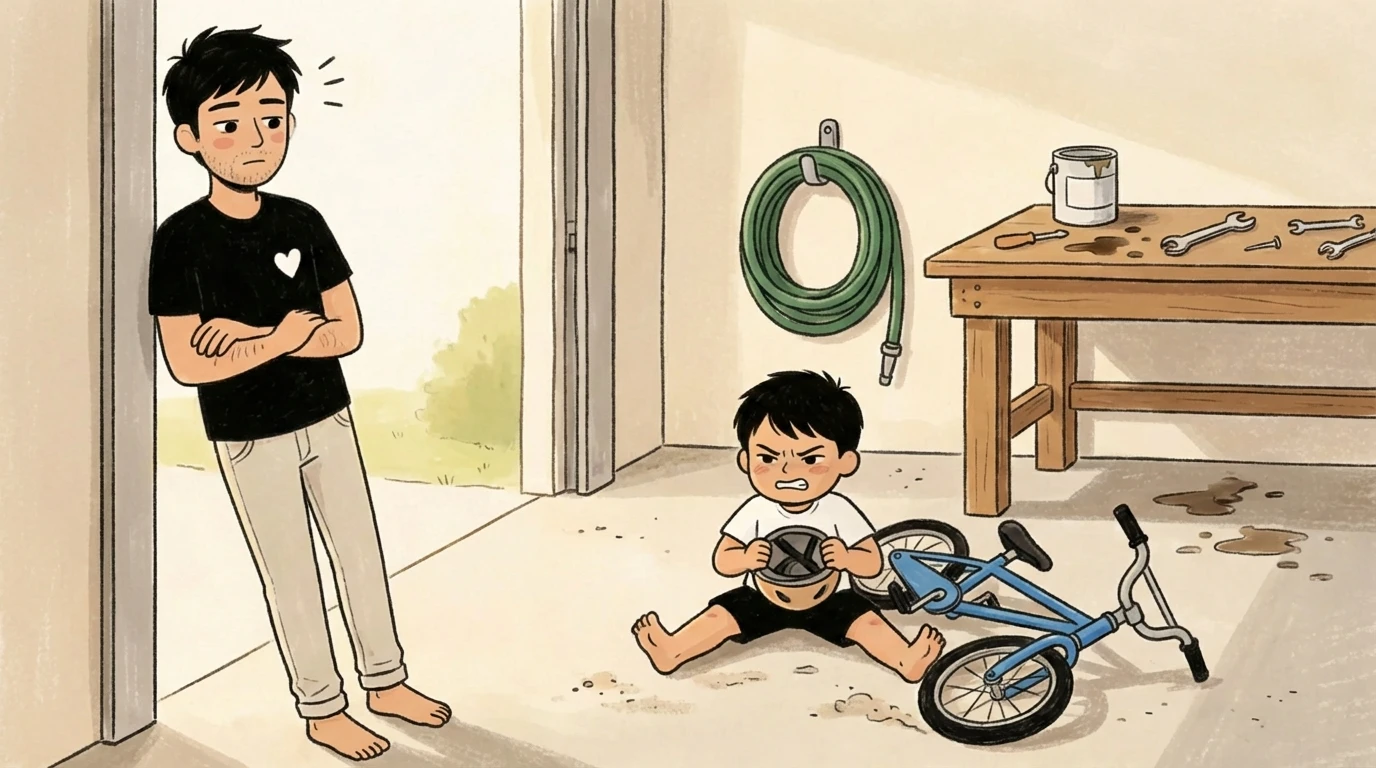 Dad with arms crossed watches young child sit on garage floor gripping a helmet, resisting, bike tipped over nearby