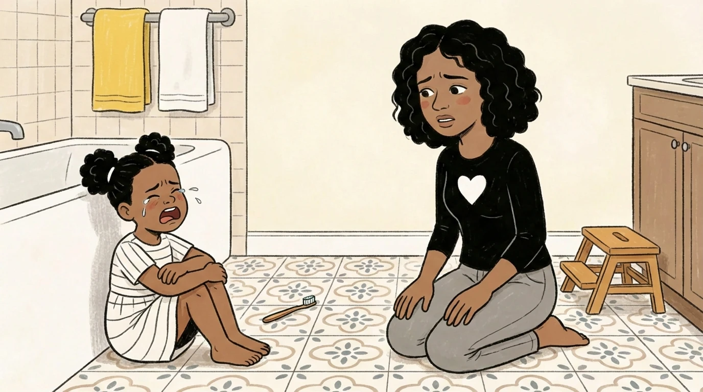 Mother kneels on bathroom floor at eye level with a small child sitting against the tub working toward cooperation