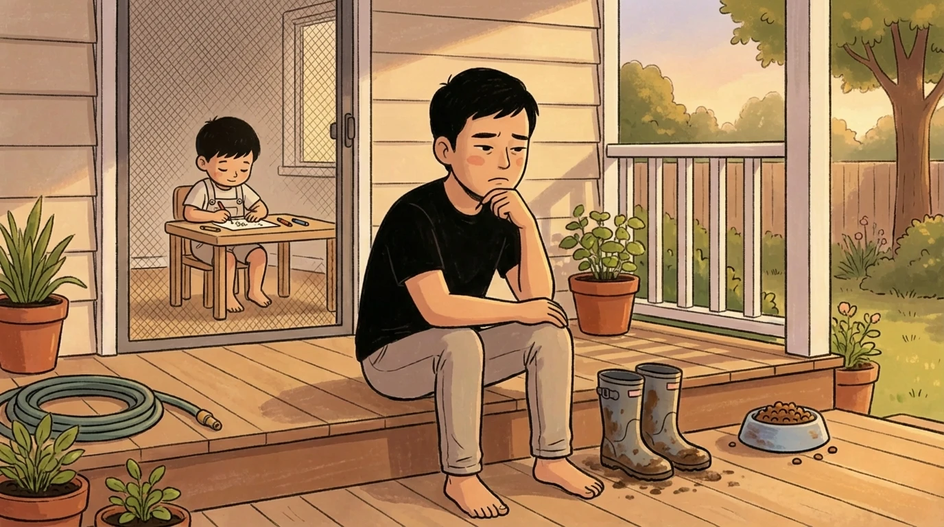 Father sits on porch steps looking thoughtful while child plays at a table visible through the sliding door behind him