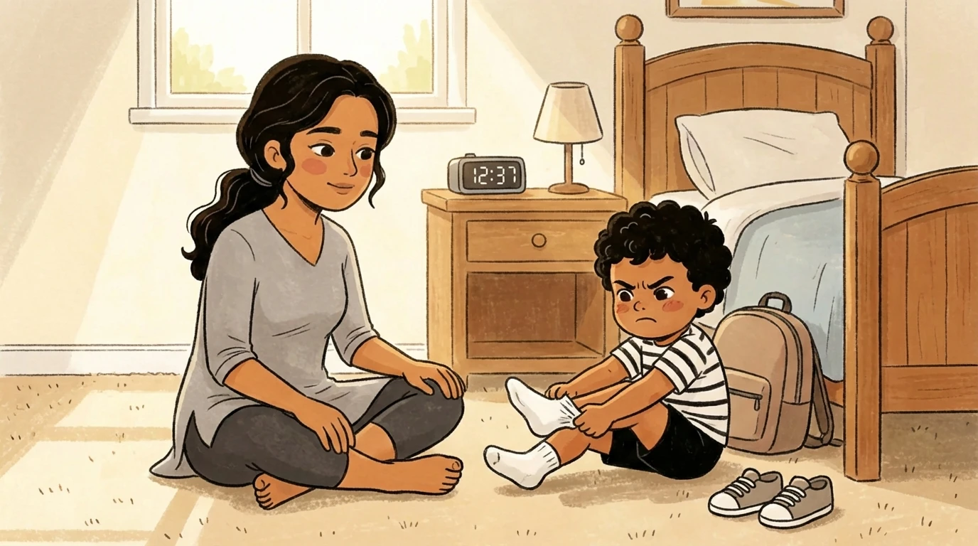 Mother sits cross-legged on bedroom floor talking calmly with a child who resists getting shoes on before school