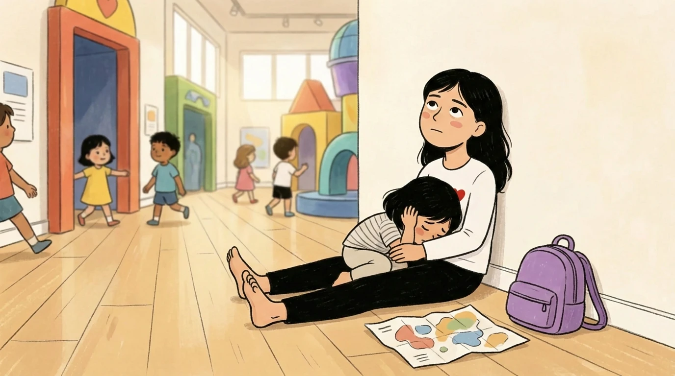 Parent sitting on school hallway floor holding highly sensitive child while other kids play in background