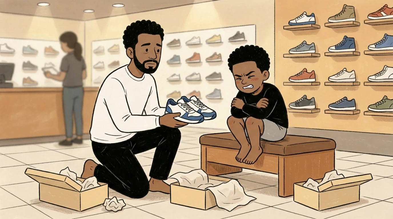 Adult kneeling in shoe store holding up a sneaker toward a child who recoils from the texture