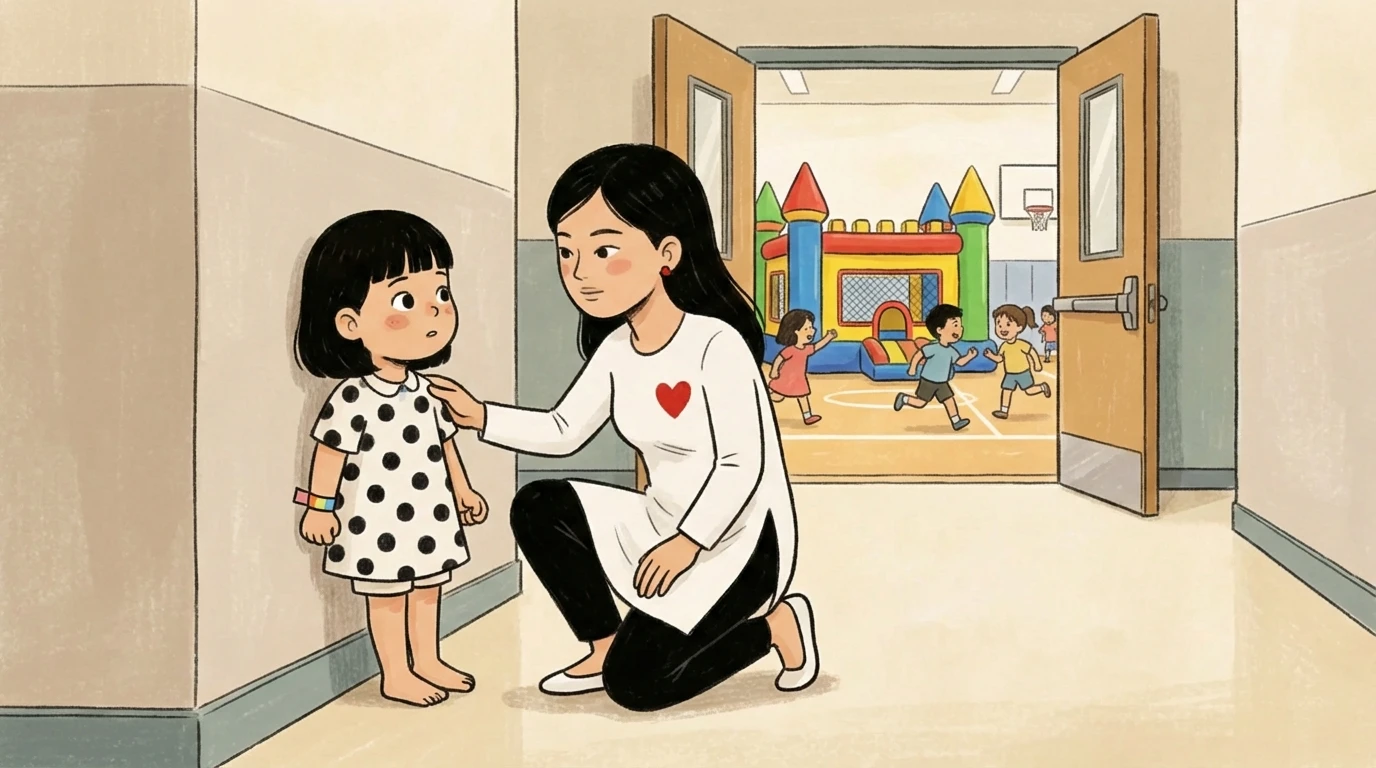 Parent kneeling in school hallway at eye level with a young child hesitating to join group play inside