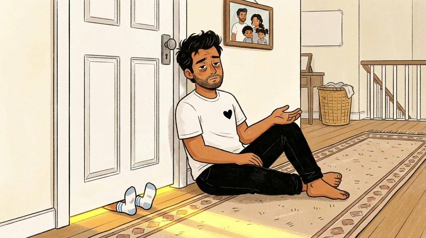 Parent sitting on floor outside a closed door with child's shoes beside it and a family photo on the wall