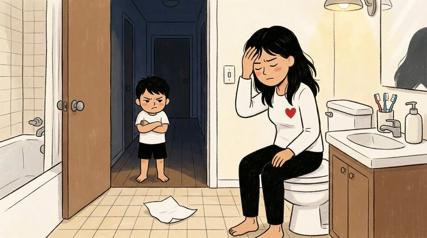 Mother sits in a bathroom head in hand as a child stands in the doorway arms crossed in a real moment of conflict