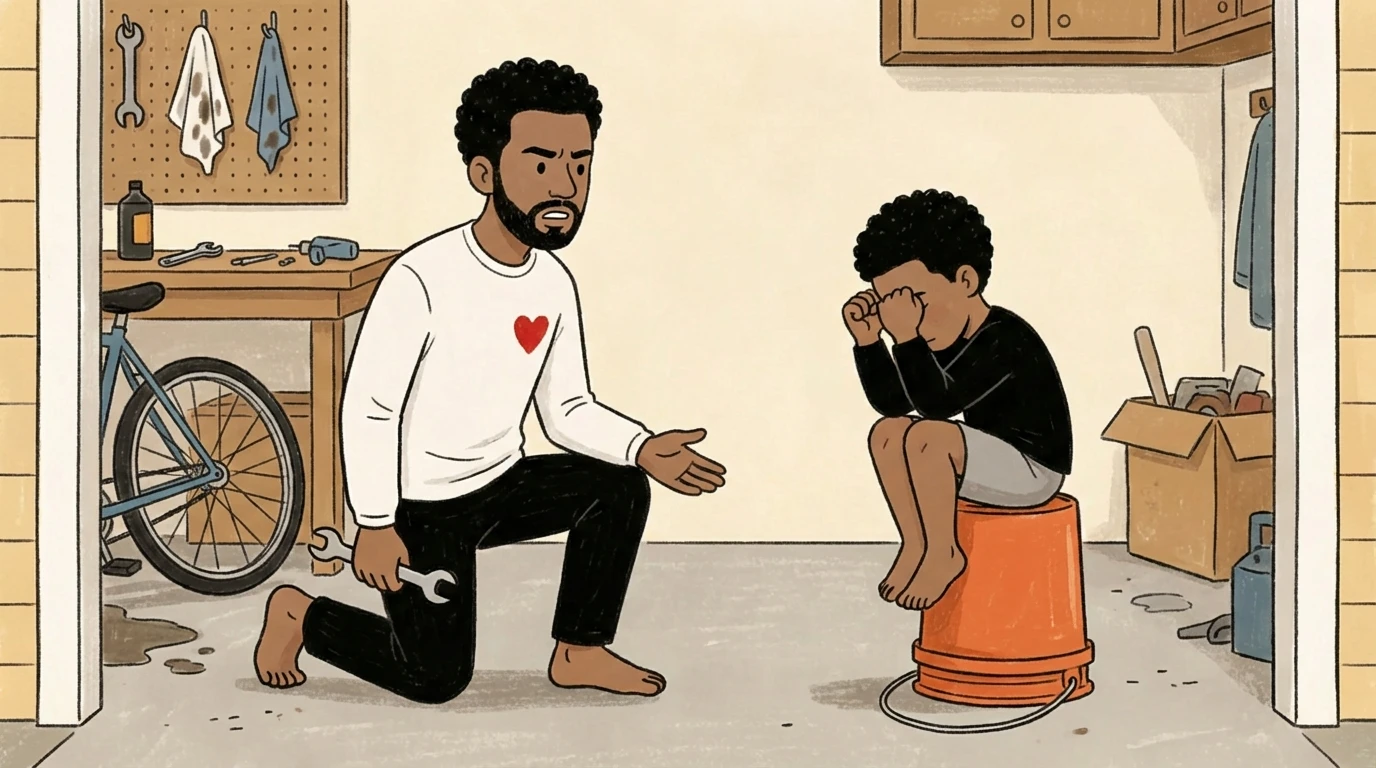 Father kneeling in a garage reaching toward a child seated on an overturned bucket head bowed